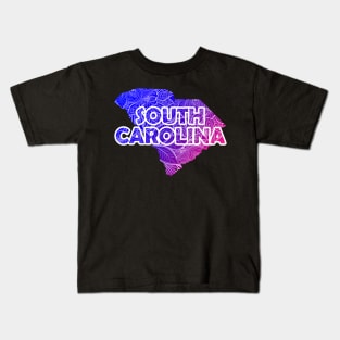 Colorful mandala art map of South Carolina with text in blue and violet Kids T-Shirt